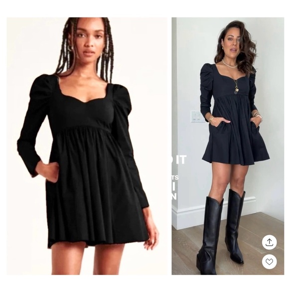 TALL Abercrombie & Fitch Long Sleeve Poplin Babydoll Mini Dress in Black - Picture 1 of 5